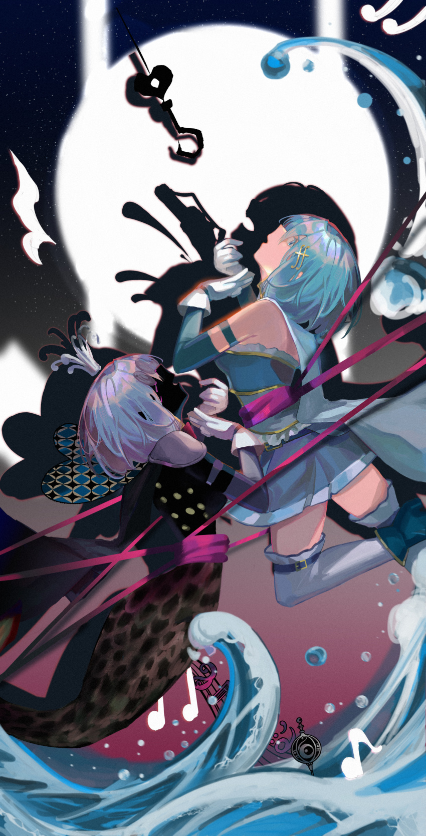 2girls abstract absurdres armor bare_shoulders black_cape black_skin blue_cape blue_eyes blue_hair blue_skirt bodice cape colored_skin detached_sleeves different_shadow drop_shadow dual_persona entangled foot_out_of_frame from_side gloves gradient_background grey_hair grief_seed hair_ornament highres looking_up lunay magical_girl mahou_shoujo_madoka_magica mahou_shoujo_madoka_magica_(anime) mermaid midair miki_sayaka monster_girl multiple_girls musical_note musical_note_hair_ornament oktavia_von_seckendorff open_mouth pauldrons pink_ribbon profile ribbon searchlight short_hair shoulder_armor skirt staff_(music) thigh-highs thigh_strap water water_drop waves white_gloves white_thighhighs