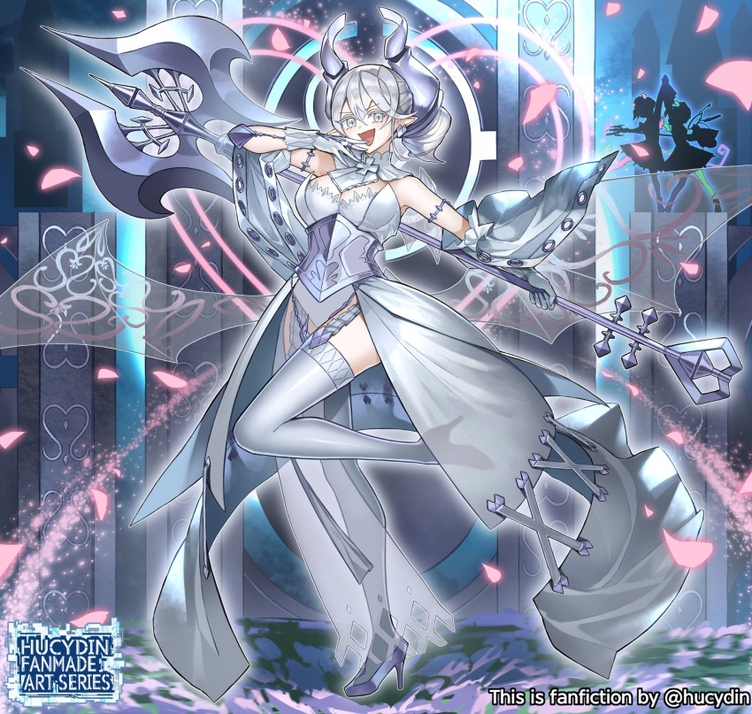 3girls arianna_the_labrynth_servant arianne_the_labrynth_servant dancing demon_girl dress duel_monster english_text falling_petals gloves grey_eyes grey_hair hair_between_eyes hand_to_hand high_heels highres holding holding_polearm holding_weapon hucydin lovely_labrynth_of_the_silver_castle multiple_girls official_style ojou-sama_pose petals polearm silhouette standing standing_on_one_leg thigh-highs twitter_username weapon white_gloves yu-gi-oh!