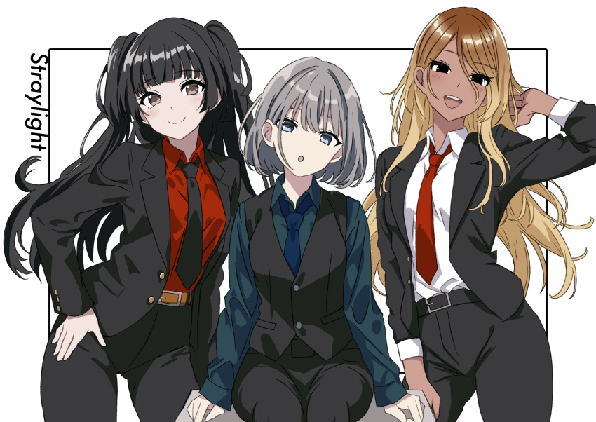 3girls :d absurdres arm_up belt belt_buckle black_belt black_eyes black_hair black_jacket black_necktie black_pants black_vest blazer blue_eyes blue_necktie blue_shirt blush brown_belt brown_hair buckle closed_mouth collared_shirt commentary_request cowboy_shot dress_shirt grey_hair hand_on_own_hip head_tilt highres idolmaster idolmaster_shiny_colors izumi_mei jacket kinomiki long_hair long_sleeves looking_at_viewer mayuzumi_fuyuko multiple_girls necktie open_clothes open_jacket open_mouth pants red_shirt serizawa_asahi shirt short_hair simple_background sitting sleeves_past_wrists smile straylight_(idolmaster) suit tan teeth tomboy two_side_up upper_teeth_only vest white_background white_shirt
