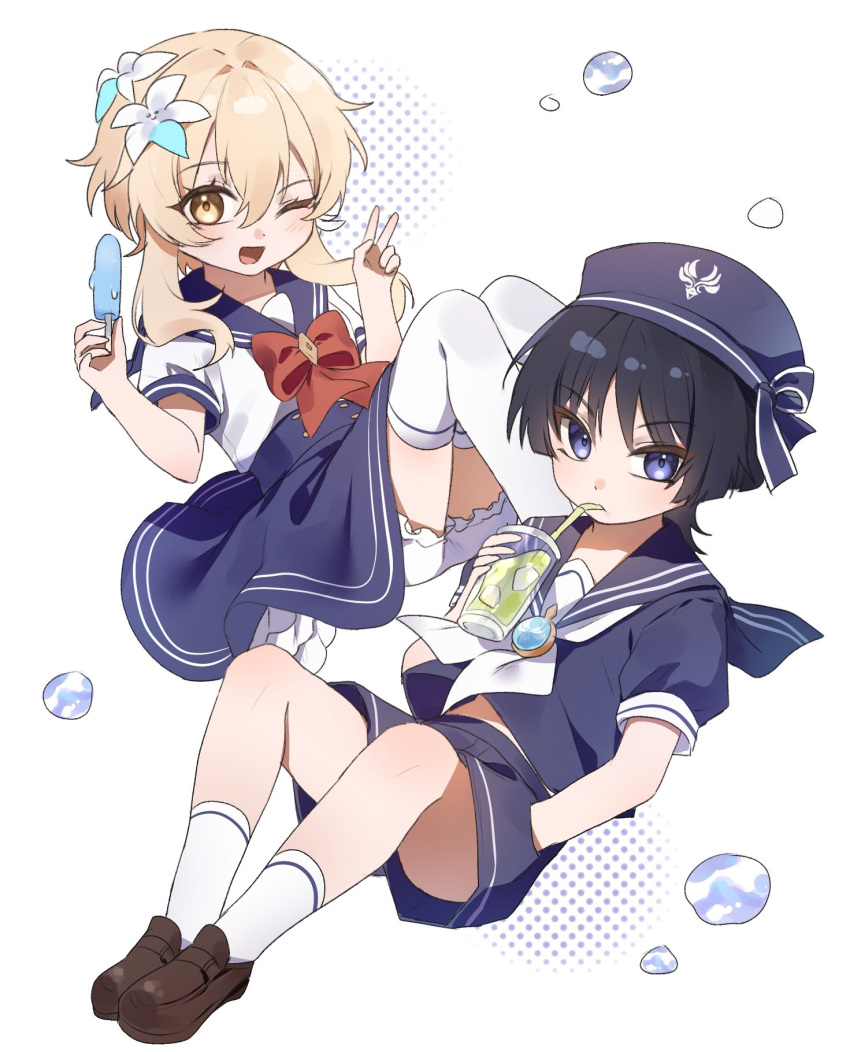 1boy 1girl aged_down alternate_costume black_hair blonde_hair bloomers blue_eyes blue_sailor_collar blue_shorts blue_skirt bow brown_footwear bubble drinking_straw drinking_straw_in_mouth flower food genshin_impact hair_flower hair_ornament hand_in_pocket hat highres holding looking_at_viewer lumine_(genshin_impact) ming4 neckerchief one_eye_closed open_mouth orange_eyes popsicle red_bow sailor_collar scaramouche_(genshin_impact) short_hair_with_long_locks short_sleeves shorts skirt socks thigh-highs underwear v wanderer_(genshin_impact) white_bloomers white_flower white_neckerchief white_socks white_thighhighs