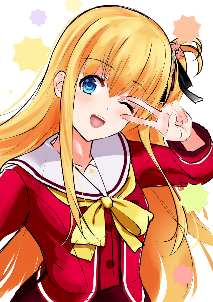 1girl :d absurdres black_ribbon blonde_hair blue_eyes bow charlotte_(anime) commentary commission eyelashes eyes_visible_through_hair flower hair_between_eyes hair_flower hair_ornament hair_ribbon hand_up happy head_tilt highres hoshinoumi_academy_school_uniform jacket long_hair long_sleeves looking_at_viewer nishimori_yusa one_eye_closed one_side_up open_mouth pink_flower red_jacket ribbon sailor_collar school_uniform sidelocks simple_background smile solo star_(symbol) straight_hair teeth upper_body upper_teeth_only v v_over_eye very_long_hair white_background white_sailor_collar yellow_bow zenoo