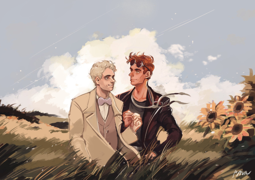2boys angel aziraphale_(good_omens) black_jacket black_shirt blurry bow bowtie brown_vest clouds cloudy_sky crowley_(good_omens) demon demon_boy depth_of_field eyewear_on_head flower good_omens hand_on_own_hip highres jacket looking_at_another multiple_boys pinn-n redhead shirt sky slit_pupils string_around_neck suit sunflower vest white_hair white_suit yellow_eyes