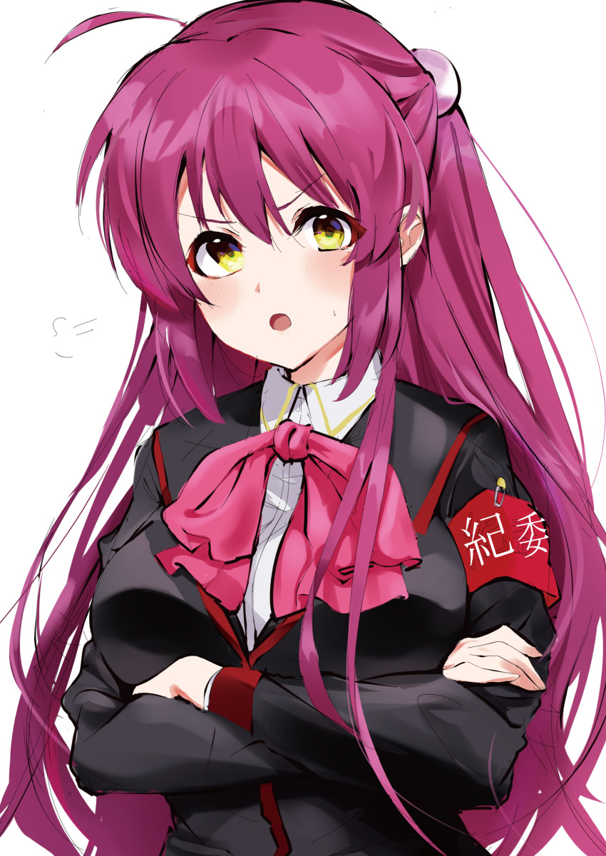 1girl =3 absurdres ahoge angry black_jacket blush bow breasts commentary_request crossed_arms dress_shirt eyelashes futaki_kanata hair_between_eyes hair_bobbles hair_ornament half_updo highres jacket large_breasts little_busters! long_hair long_sleeves looking_at_viewer open_mouth pink_bow purple_hair red_armband school_uniform shirt sidelocks simple_background solo sweat upper_body v-shaped_eyebrows very_long_hair white_background white_shirt yellow_eyes zenoo