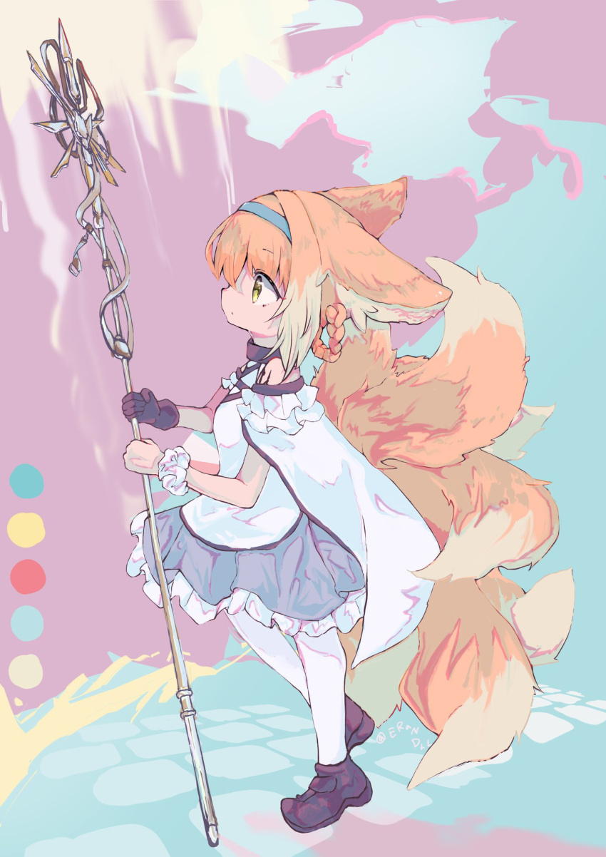 1girl animal_ear_fluff animal_ears arknights artist_name bare_shoulders black_footwear black_gloves blonde_hair blue_hairband braid braided_hair_rings cape closed_mouth clothing_cutout dress erandhl fox_ears fox_girl fox_tail frilled_dress frills from_side full_body gloves green_eyes hair_between_eyes hair_rings hairband highres holding holding_staff kitsune kyuubi multicolored_hair multiple_tails oripathy_lesion_(arknights) pantyhose purple_dress scrunchie shoes shoulder_cutout single_glove solo staff suzuran_(arknights) tail twitter_username two-tone_hair white_cape white_hair white_pantyhose white_scrunchie wrist_scrunchie