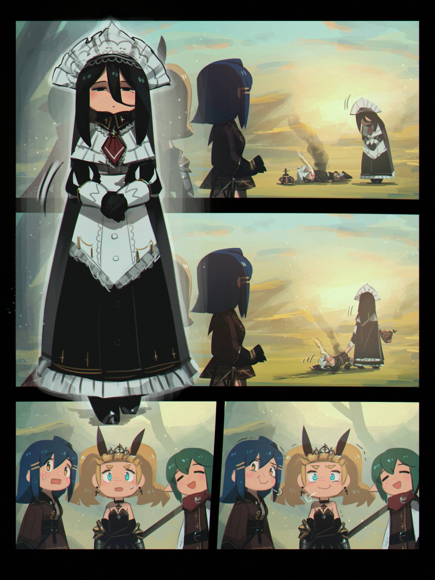 2boys 3girls absurdres black_dress black_hair black_tiara blonde_hair blue_eyes blue_hair boots closed_eyes cressey_(porforever) cross cross_earrings crown dragging dress earrings elbow_gauntlets erynn_(porforever) gauntlets green_hair highres jacket jewelry lance long_hair long_sleeves maid maid_headdress multiple_boys multiple_girls multiple_hairpins on_ground open_mouth original pointy_ears polearm porforever scarf smoke stifled_laugh thigh_boots twintails wallace_(porforever) weapon yellow_eyes