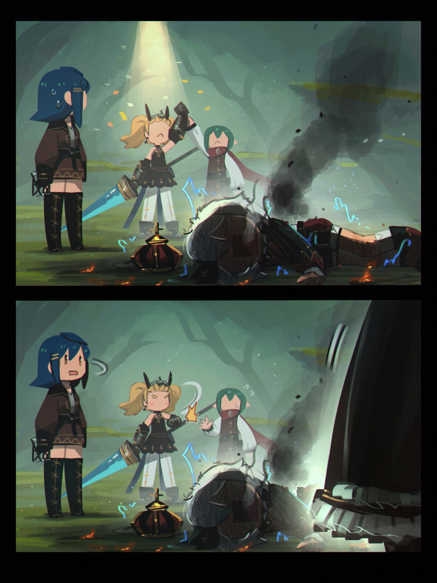 2boys 3girls absurdres black_dress black_tiara blonde_hair blue_hair boots confetti cressey_(porforever) cross cross_earrings crown dress earrings elbow_gauntlets erynn_(porforever) gauntlets green_hair highres holding holding_polearm holding_weapon jacket jewelry lance long_sleeves maid multiple_boys multiple_girls multiple_hairpins on_ground open_mouth original pointy_ears polearm porforever scarf smoke spotlight thigh_boots twintails wallace_(porforever) weapon yellow_eyes