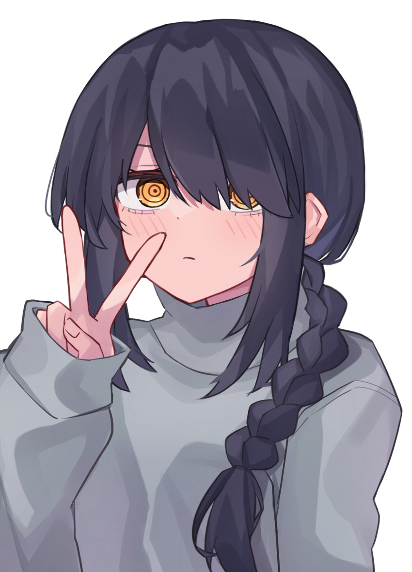 1girl black_hair braid braided_ponytail chainsaw_man closed_mouth expressionless grey_shirt grey_sweater hair_over_one_eye hair_over_shoulder hand_up highres kurogane_vipers long_hair looking_at_viewer nayuta_(chainsaw_man) ringed_eyes shirt sidelocks simple_background single_braid sleeves_past_wrists solo sweater turtleneck turtleneck_sweater upper_body v white_background yellow_eyes