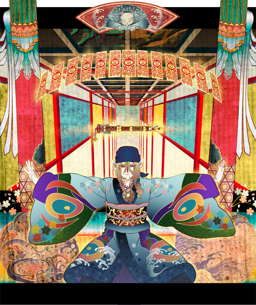 1boy aoyagi brown_hair card cat closed_mouth facepaint floating floating_object floating_sword floating_weapon highres japanese_clothes jewelry kimono kusuriuri_(mononoke) long_hair male_focus medallion mononoke multicolored_clothes multicolored_kimono necklace pale_skin pillar pointy_ears purple_bandana purple_nails red_eyeliner sword sword_of_exorcism weapon wide_sleeves