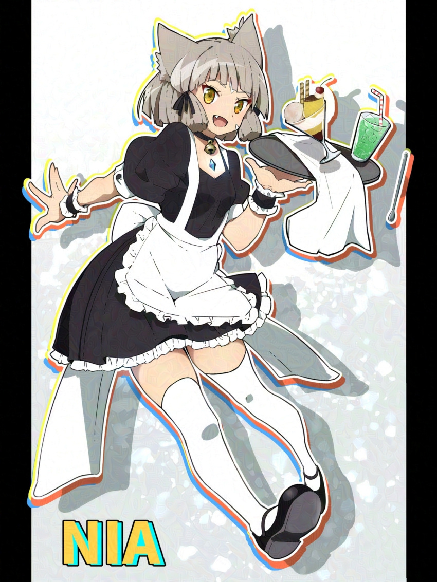 1girl alternate_costume animal_ears apron bell black_choker black_footwear cat_ears character_name choker core_crystal_(xenoblade) dress drink drinking_straw enmaided facial_mark frilled_bracelet frilled_dress frills grey_hair highena highres holding holding_tray maid maid_apron mary_janes neck_bell nia_(xenoblade) open_mouth outstretched_arm parfait puffy_sleeves shoes short_hair solo thigh-highs tray whisker_markings white_thighhighs xenoblade_chronicles_(series) xenoblade_chronicles_2 yellow_eyes