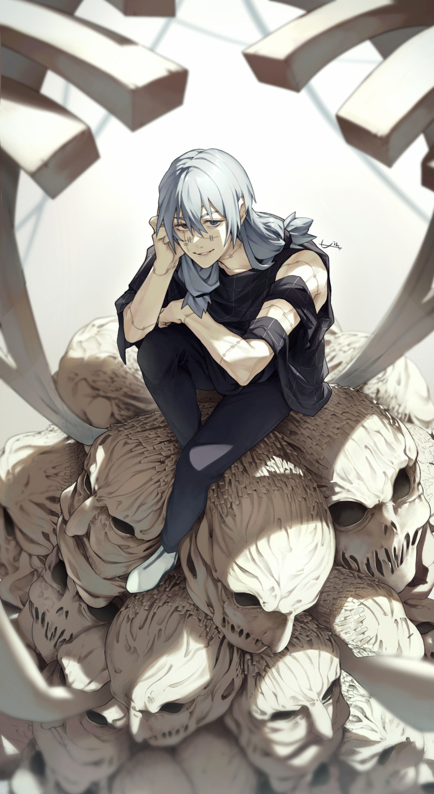 1boy absurdres air_(ai_r_) black_pants black_shirt blue_eyes dappled_sunlight full_body grey_eyes grey_hair hair_between_eyes hand_on_own_cheek hand_on_own_face heterochromia highres jujutsu_kaisen light long_hair looking_at_viewer mahito_(jujutsu_kaisen) male_focus pants parted_lips shirt short_sleeves signature sitting skull smile solo stitched_arm stitched_face stitched_hand stitched_neck stitches striped striped_shirt sunlight torn_sleeve white_footwear