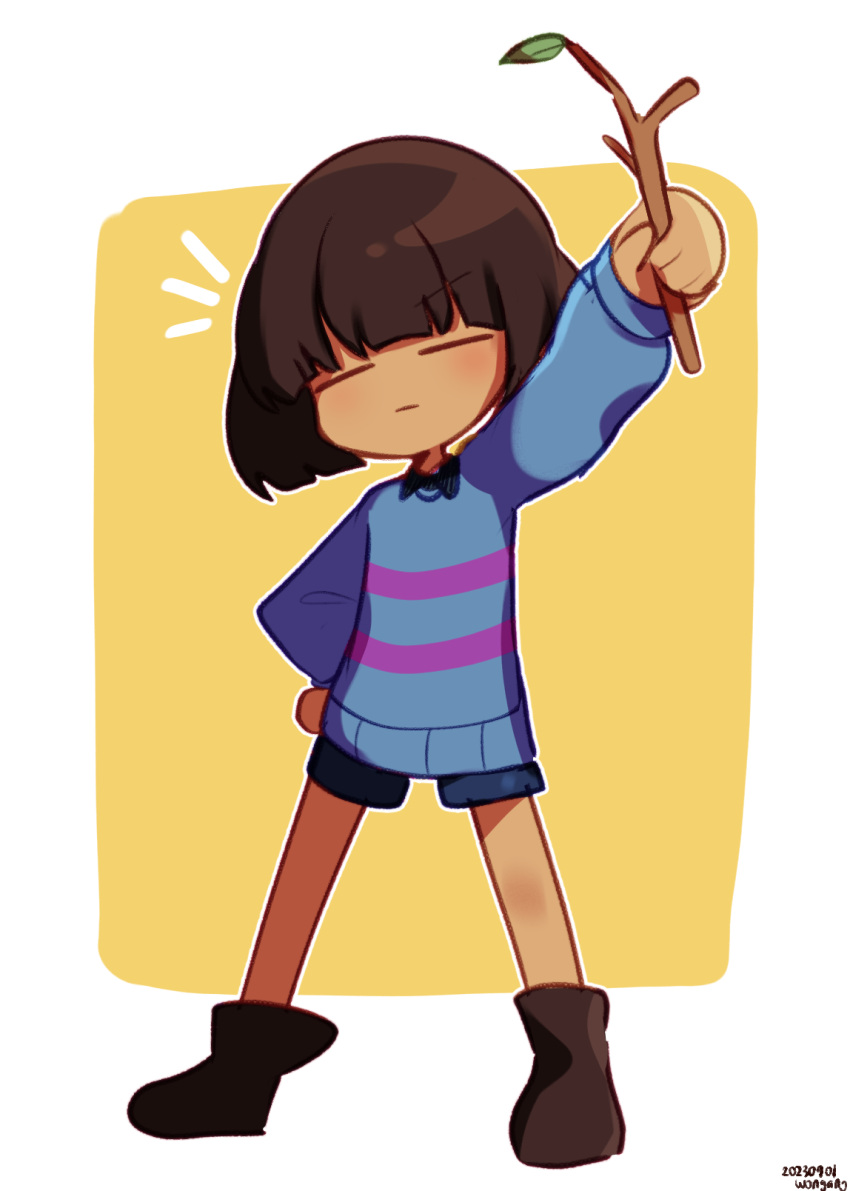 1other arm_up artist_name blue_shorts blue_sweater bob_cut boots brown_footwear closed_eyes closed_mouth commentary dark_skin dated frisk_(undertale) hand_on_own_hip head_tilt highres holding holding_stick korean_commentary leaf notice_lines outline outside_border pink_sweater short_hair short_shorts shorts signature smug spread_legs standing stick sweater two-tone_sweater undertale v-shaped_eyebrows white_outline wongang yellow_background
