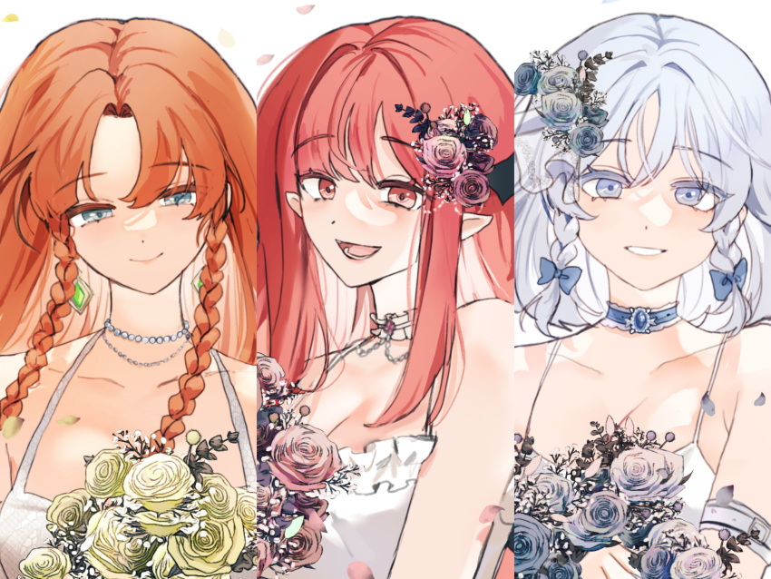 3girls absurdres armband blue_bow blue_eyes bow braid dress earrings flower hair_flower hair_ornament highres holding holding_flower hong_meiling izayoi_sakuya jewelry koakuma long_hair looking_at_viewer multiple_girls necklace open_mouth orange_hair petals pointy_ears red_eyes redhead sarukana short_hair smile teeth touhou twin_braids white_background white_dress white_hair