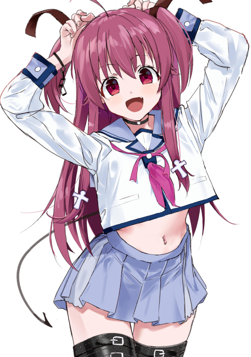 1girl :d absurdres ahoge angel_beats! arms_up black_choker black_ribbon blue_sailor_collar blue_skirt blush bracelet choker cowboy_shot demon_tail eyelashes fake_tail fang hair_between_eyes hair_ribbon happy highres jewelry long_hair long_sleeves looking_at_viewer miniskirt navel neckerchief open_mouth pink_hair pink_neckerchief pleated_skirt red_eyes ribbon sailor_collar school_uniform shirt sidelocks simple_background skirt smile solo standing stomach straight-on straight_hair tail thigh_gap thigh_strap two_side_up very_long_hair white_background white_shirt yui_(angel_beats!) zenoo