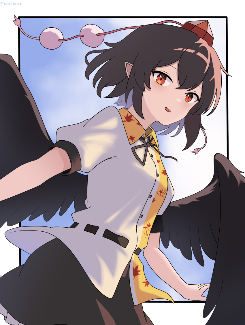 1girl absurdres arina_stepanova bird_wings black_hair black_ribbon black_skirt black_wings collared_shirt commentary_request frilled_skirt frills hat highres leaf_print pointy_ears pom_pom_(clothes) red_eyes red_headwear ribbon shameimaru_aya shirt short_hair skirt solo tokin_hat touhou white_shirt wings