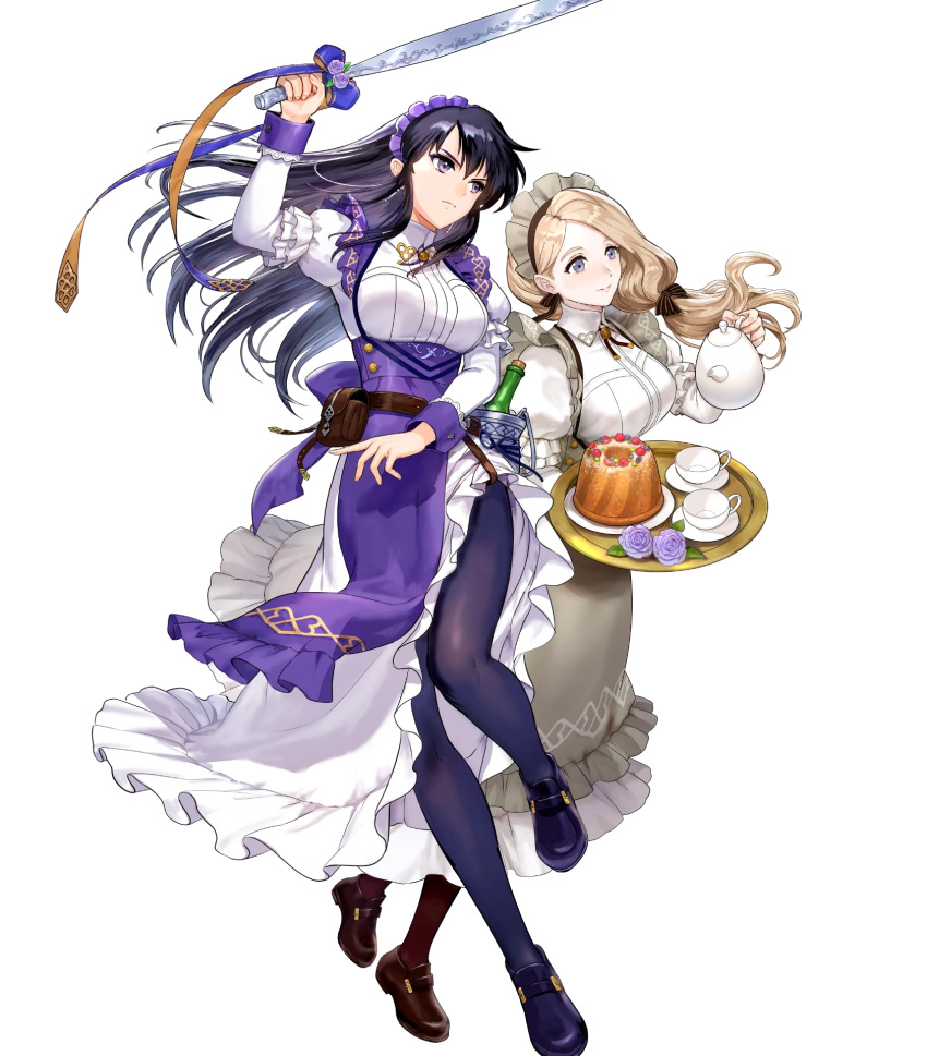 2girls apron asatani_tomoyo ayra_(fire_emblem) black_hair blonde_hair breasts dress fire_emblem fire_emblem:_genealogy_of_the_holy_war fire_emblem:_three_houses fire_emblem_heroes full_body highres holding long_skirt long_sleeves maid maid_headdress medium_breasts mercedes_von_martritz multiple_girls non-web_source official_art pantyhose puffy_sleeves shoes side_slit skirt transparent_background violet_eyes wrist_cuffs