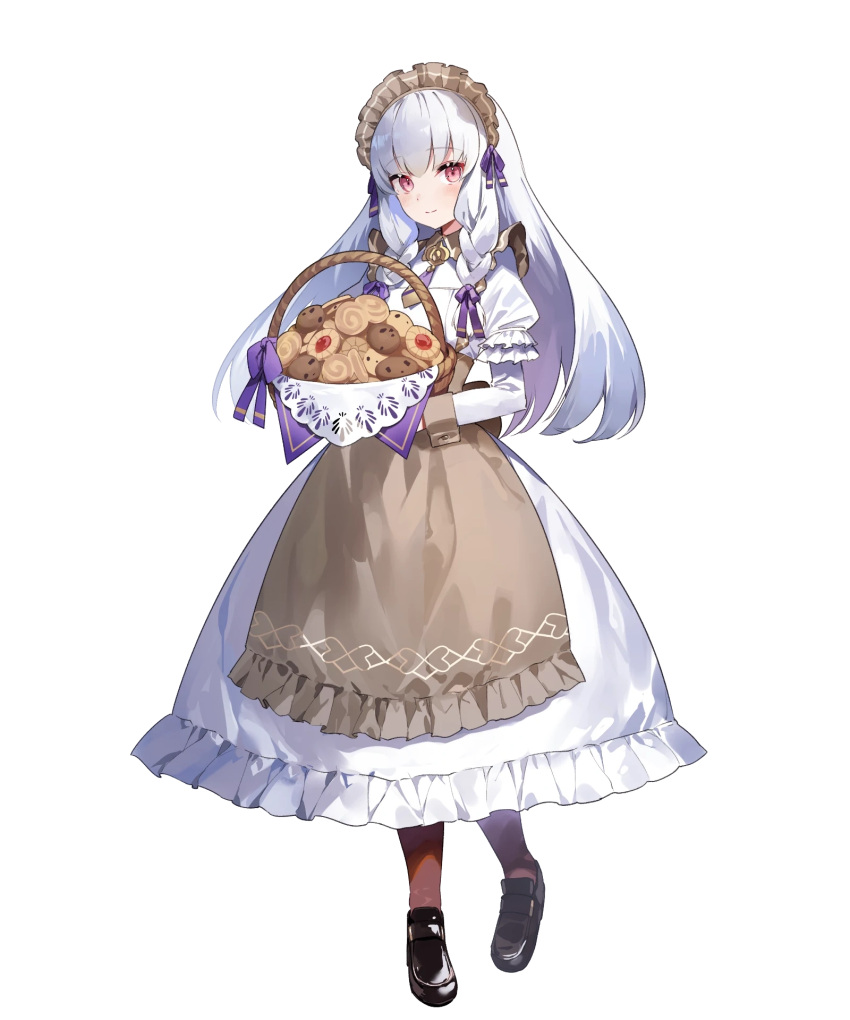 1girl alternate_costume amagasa_yun apron basket braid cookie dress fire_emblem fire_emblem:_three_houses fire_emblem_heroes food frills full_body hair_ornament highres long_skirt long_sleeves lysithea_von_ordelia maid maid_headdress non-web_source official_art pantyhose puffy_sleeves red_eyes shoes skirt solo transparent_background twin_braids wrist_cuffs