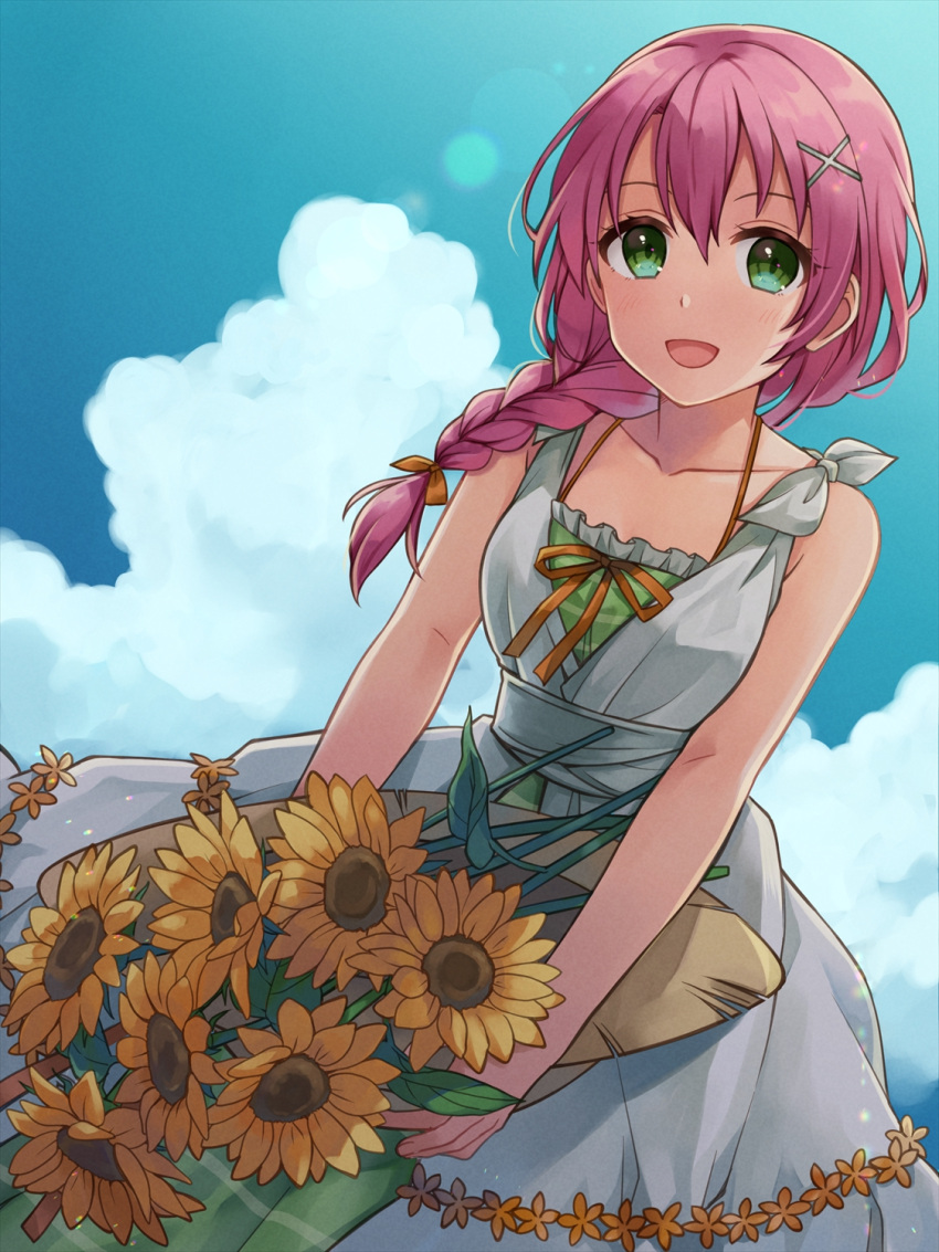 1girl blue_sky chihiro_(chihiro3399) clouds double-parted_bangs dress eiyuu_densetsu flower green_eyes hair_ornament hairclip hat highres holding holding_flower juna_crawford long_hair looking_at_viewer open_mouth pink_hair ponytail sen_no_kiseki sky smile sun_hat sundress sunflower