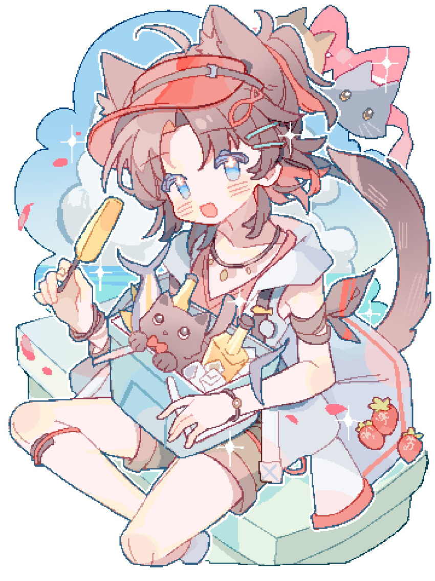 +_+ 1boy animal_ear_fluff animal_ears arknights armband bench black_armband black_cat blue_eyes blue_sky blush border bottle bow bracelet brown_hair brown_shorts buttons cat cat_boy cat_ears cat_tail clouds colored_inner_hair cooler cropped_legs fish fish_hair_ornament food fruit hair_ornament hairclip highres holding holding_food holding_popsicle ice jacket jewelry looking_at_viewer male_focus multicolored_hair necklace ocean official_alternate_costume open_clothes open_jacket open_mouth petals pixelated popsicle red_bow red_headwear red_shirt redhead saucer_(saucer752) shirt short_sleeves shorts simple_background sitting_on_bench sky smile solo sparkle stainless_(arknights) stainless_(beach_guard)_(arknights) strawberry tail v-neck visor_cap white_background white_jacket