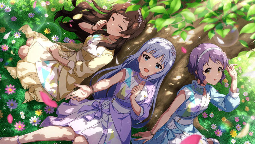 3girls artist_request blue_dress blue_eyes blue_hair bracelet brown_eyes brown_hair closed_mouth day dot_nose dress escape_(idolmaster) flower from_above grass hairband idolmaster idolmaster_million_live! idolmaster_million_live!_theater_days jewelry kitazawa_shiho light_blue_hair long_hair looking_at_viewer low-tied_long_hair makabe_mizuki multiple_girls official_art open_mouth outdoors outstretched_hand parted_bangs purple_dress purple_hair shiraishi_tsumugi short_bangs short_hair sidelocks sitting smile sunlight tree very_long_hair wavy_hair yellow_dress yellow_eyes