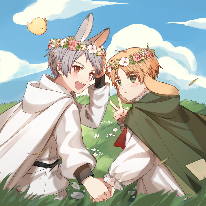 2boys absurdres adjusting_clothes adjusting_headwear albino animal_ears axis_powers_hetalia blonde_hair blue_sky blush cape chinese_commentary closed_mouth clouds day flower flower_wreath gilbird grass grasslands green_cape green_eyes grey_hair hair_flower hair_ornament hand_up highres holding_hands hood hood_down hooded_cape jacket long_sleeves looking_at_viewer looking_back male_focus multiple_boys open_mouth outdoors pants prussia_(hetalia) rabbit_boy rabbit_ears red_eyes short_hair sky smile teeth united_kingdom_(hetalia) upper_teeth_only v wangsususu001 white_cape white_flower white_jacket white_pants