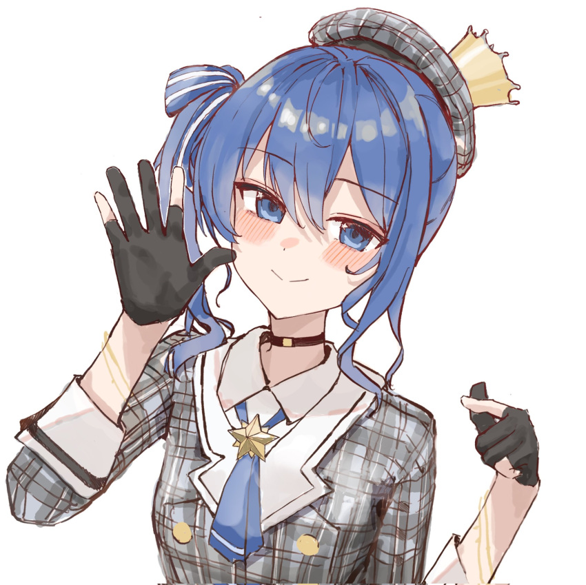 1girl beret black_choker black_gloves blue_eyes blue_hair blue_neckerchief blue_ribbon bracelet breasts buttons choker closed_mouth collared_shirt crown double-breasted gloves grey_headwear grey_shirt hair_between_eyes hair_ribbon hands_up hat highres hololive hoshimachi_suisei jewelry karyln long_sleeves looking_at_viewer mini_crown neckerchief partially_fingerless_gloves plaid plaid_headwear plaid_shirt ribbon shirt short_hair side_ponytail sidelocks simple_background small_breasts smile solo star_(symbol) star_in_eye striped striped_ribbon symbol_in_eye tilted_headwear upper_body virtual_youtuber white_background white_ribbon