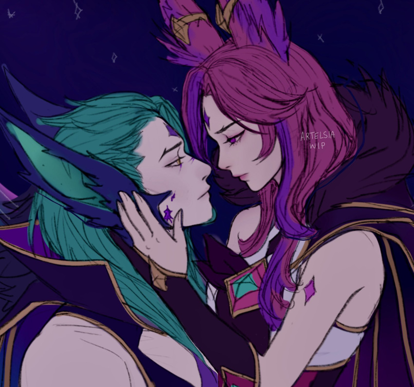 1boy 1girl animal_ears artelsia bare_shoulders closed_mouth eye_contact from_side gem green_hair hand_up highres league_of_legends long_hair looking_at_another multicolored_hair pink_hair profile purple_hair rakan_(league_of_legends) redhead smile star_guardian_rakan star_guardian_xayah two-tone_hair violet_eyes xayah