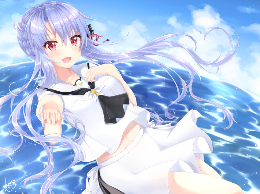 1girl :d absurdres amatsuji ascot black_ascot black_bow blue_hair blue_sky blush bow braid clouds commentary_request crown_braid day eyelashes eyes_visible_through_hair floating_clothes floating_hair hair_between_eyes hair_bow hair_ornament hand_up highres long_hair looking_at_viewer miniskirt navel ocean open_mouth outdoors puffy_short_sleeves puffy_sleeves red_eyes red_tassel sailor_collar school_uniform shirt short_sleeves sidelocks signature skirt sky smile solo sorakado_ao summer summer_pockets tassel tassel_hair_ornament very_long_hair white_sailor_collar white_shirt white_skirt