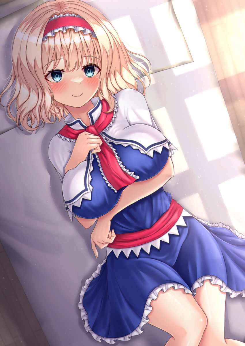 1girl alice_margatroid ascot bed blonde_hair blue_dress blue_eyes blush breast_lift breasts capelet dress frilled_ascot frilled_dress frilled_hairband frills hairband highres large_breasts looking_at_viewer lying medium_hair red_hairband reijing_etrn smile solo touhou white_capelet