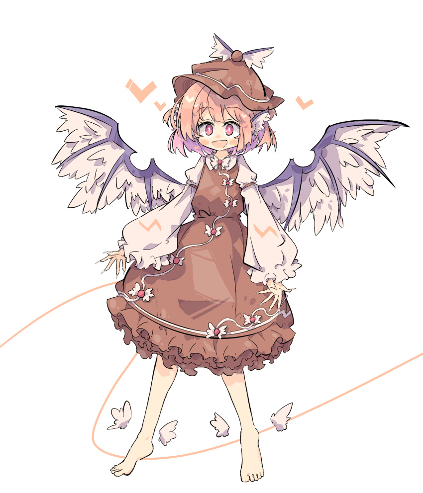 1girl animal_ears barefoot bird_ears bird_wings blush_stickers brown_dress brown_headwear dress feathered_wings fingernails frilled_dress frilled_sleeves frills full_body hat heart highres long_fingernails long_sleeves mystia_lorelei open_mouth pink_eyes pink_hair primsla sharp_fingernails short_hair simple_background sleeve_garter smile solo touhou white_background white_wings wide_sleeves winged_hat wings