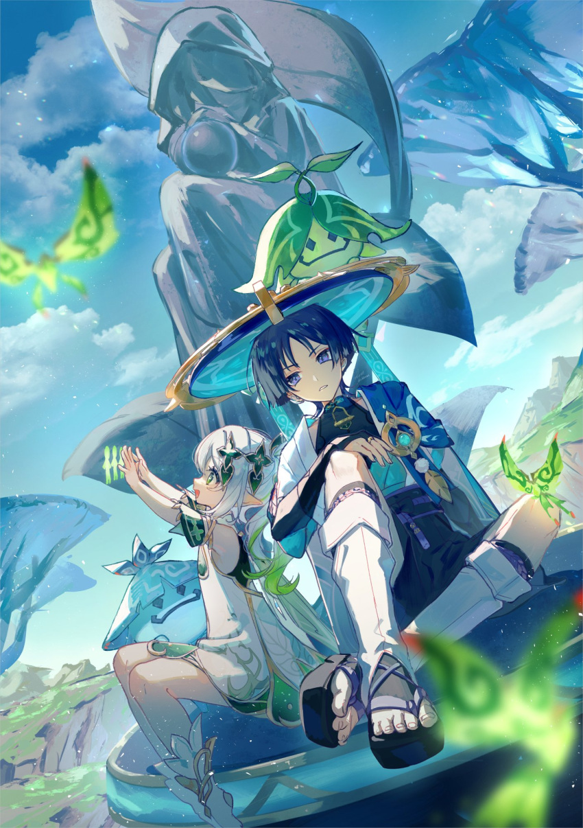 1boy 1girl :d aranara_(genshin_impact) ararycan_(genshin_impact) arms_up artist_name black_hair black_shirt black_shorts blue_cape blue_headwear blue_ribbon blue_sky blunt_ends blurry blurry_foreground bridal_gauntlets bug cape clouds cloudy_sky commentary_request cross-shaped_pupils crystalfly_(genshin_impact) day depth_of_field detached_sleeves dress eyeshadow feathers genshin_impact gold_trim gradient_hair green_cape green_eyes green_hair green_sleeves hair_between_eyes hair_ornament hat highres jacket japanese_clothes jingasa knee_up light_particles long_hair looking_at_viewer makeup mountainous_horizon multicolored_hair nahida_(genshin_impact) nakaba_(mode) open_clothes open_jacket open_mouth outdoors parted_bangs parted_lips pointy_ears pom_pom_(clothes) ponytail red_eyeshadow ribbon sandals scaramouche_(genshin_impact) shirt short_hair short_sleeves shorts side_ponytail sidelocks sitting sky sleeveless sleeveless_dress sleeveless_shirt smile statue statue_of_the_seven symbol-shaped_pupils toes tree twitter_username violet_eyes vision_(genshin_impact) wanderer_(genshin_impact) watermark white_dress white_hair white_jacket