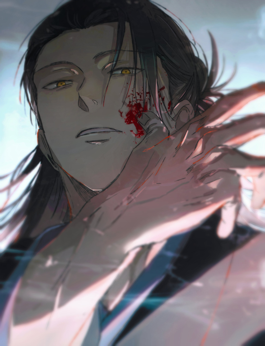 1boy absurdres black_hair black_kimono blood blood_on_face getou_suguru hand_up highres japanese_clothes jujutsu_kaisen kimono long_hair looking_at_viewer male_focus parted_lips solo upper_body yellow_eyes yoon_(dmsco1803)