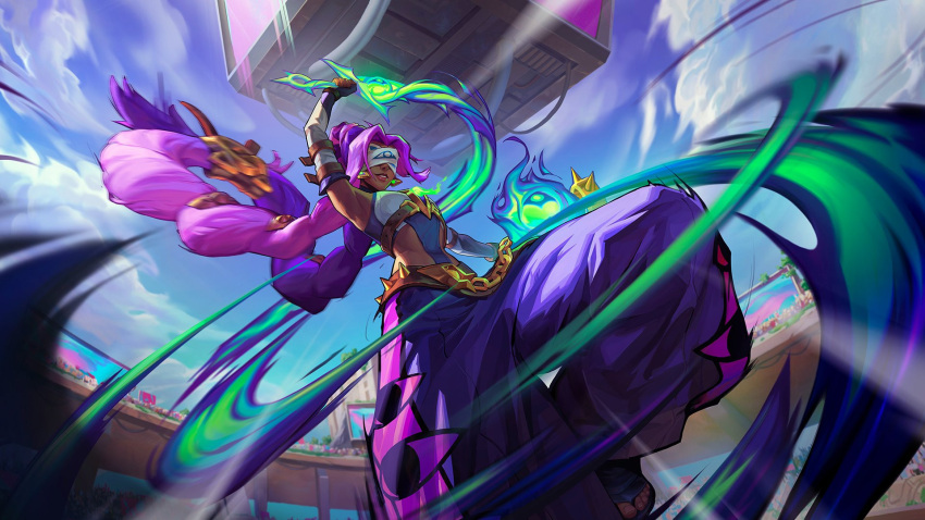 1girl arena arm_up bandages bandages_over_eyes box braid building clouds covered_eyes crop_top dark-skinned_female dark_skin earrings elbow_gloves english_commentary fighting fighting_stance fingerless_gloves gloves highres holding holding_weapon incoming_attack jewelry league_of_legends league_of_legends:_wild_rift long_hair multicolored_hair nilah_(league_of_legends) official_art outdoors pants parted_bangs parted_lips pink_hair purple_hair purple_pants sandals single_braid sky smile solo soul_fighter_(league_of_legends) soul_fighter_nilah standing standing_on_one_leg twintails two-tone_hair weapon