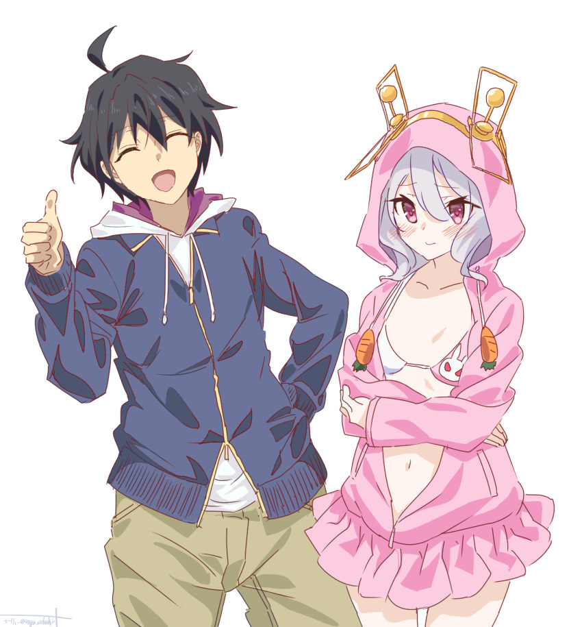 1boy 1girl ^_^ a_certain_high_school_uniform abe_atsushi ahoge arm_at_side bikini black_hair blue_hoodie blush brown_pants carrot chromatic_aberration closed_eyes commission cosplay crossed_arms curly_hair flat_chest grey_hair hair_between_eyes highres hood hood_down hooded_jacket hoodie itou_miku jacket kamijou_touma kamijou_touma_(cosplay) karasuma_fran karasuma_fran_(cosplay) kokkoro_(princess_connect!) looking_at_viewer miniskirt multicolored_bikini multicolored_clothes navel open_clothes open_jacket open_mouth pants partially_unzipped pink_eyes pink_jacket princess_connect! print_bikini school_uniform seryu_oekaki short_hair signature simple_background skeb_commission skirt smile swimsuit thumbs_up toaru_majutsu_no_index toaru_majutsu_no_index:_new_testament unzipped voice_actor_connection white_background yuuki_(princess_connect!)