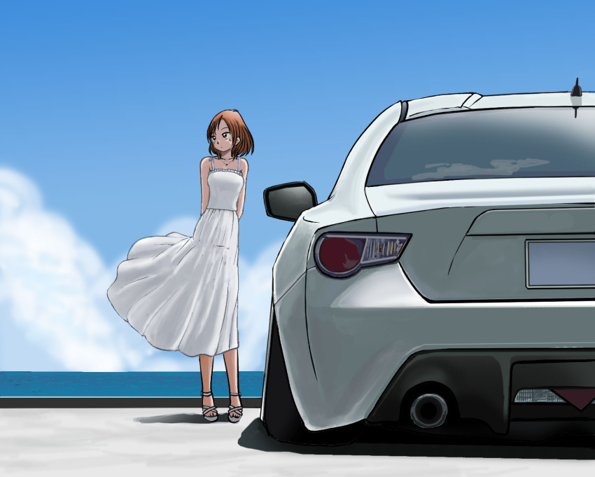 1girl akiran_(r32) arms_behind_back blue_sky brown_eyes brown_hair car clouds day dress full_body highres motor_vehicle ocean original outdoors short_hair sky solo standing toyota toyota_86 water white_dress