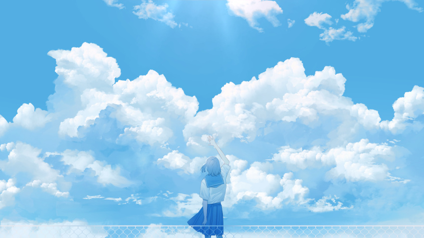 1girl absurdres black_hair blue_sailor_collar blue_skirt blue_sky chain-link_fence clouds commentary_request day fence from_behind highres original outdoors outstretched_arm pleated_skirt sailor_collar scenery school_uniform serafuku shion_08 shirt short_hair skirt sky solo standing white_shirt