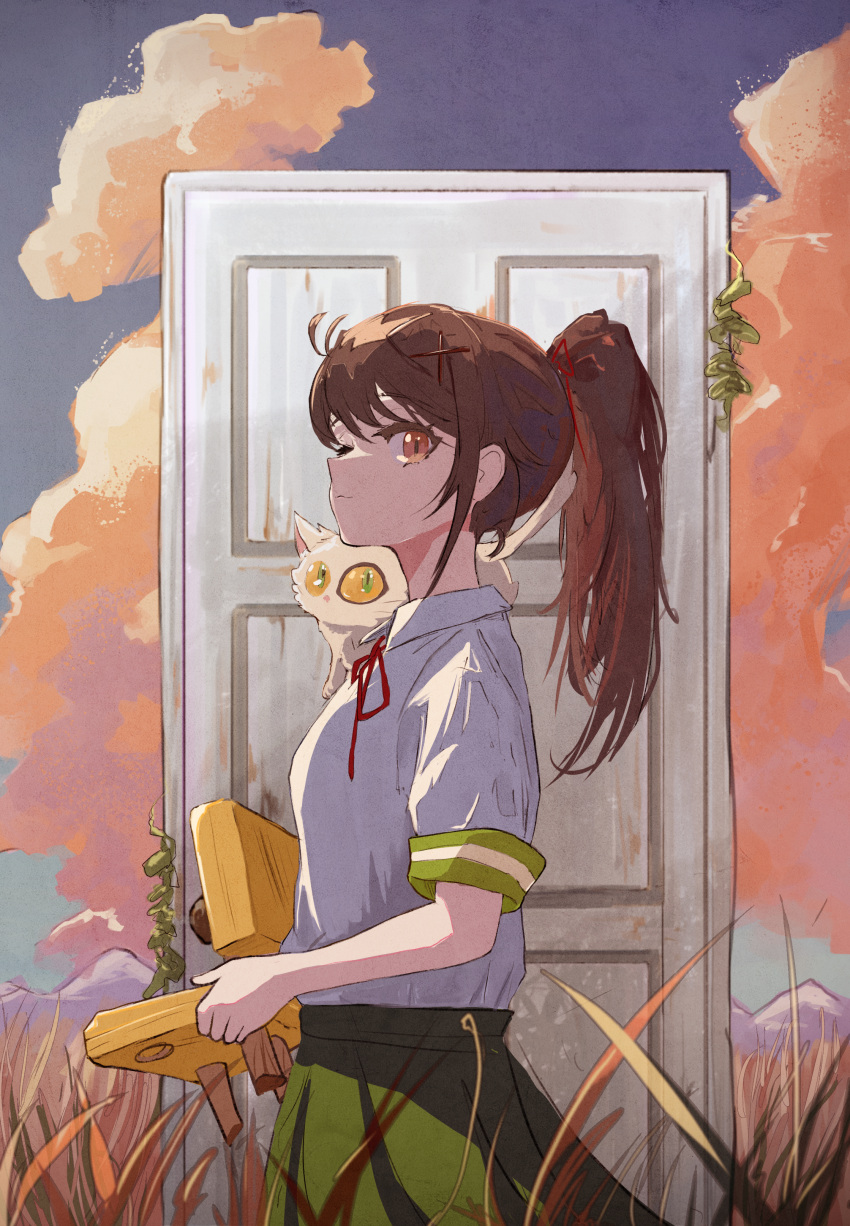 1girl absurdres animal_on_shoulder brown_eyes brown_hair closed_mouth clouds cloudy_sky collared_shirt commentary green_skirt hair_ornament highres holding iwato_suzume looking_at_viewer mountainous_horizon nereb_72 outdoors pleated_skirt ponytail red_ribbon ribbon shirt shirt_tucked_in short_sleeves skirt sky sliding_doors solo suzume_no_tojimari tall_grass upper_body white_shirt