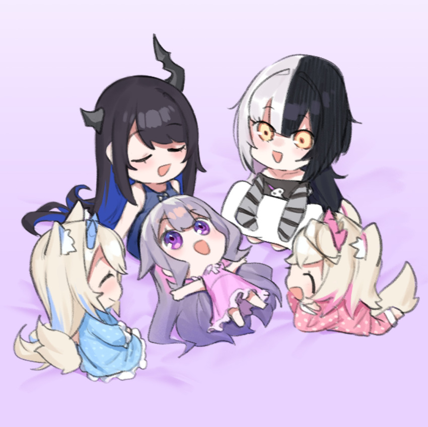 5girls :d ^_^ animal_ear_fluff animal_ears black_hair blonde_hair blue_hair broken_horn chibi closed_eyes commentary dasdokter dog_ears dog_girl dog_tail dress fuwawa_abyssgard grey_hair hair_between_eyes hairband holoadvent hololive hololive_english horns koseki_bijou long_hair lying mococo_abyssgard mole mole_on_stomach multicolored_hair multiple_girls nerissa_ravencroft on_back open_mouth pajamas pillow pink_dress pink_hair polka_dot polka_dot_pajamas shiori_novella simple_background smile split-color_hair streaked_hair symbol-only_commentary tail thick_thighs thighs very_long_hair violet_eyes virtual_youtuber white_hair yellow_eyes