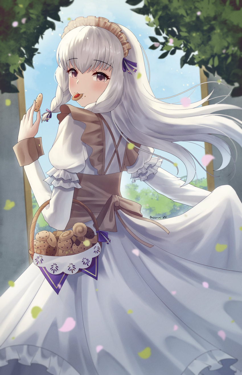 1girl apron basket cookie doiparuni dress fire_emblem fire_emblem:_three_houses fire_emblem_heroes food food_in_mouth frilled_dress frills highres holding holding_basket holding_cookie holding_food lace_trim long_hair looking_at_viewer lysithea_von_ordelia lysithea_von_ordelia_(tea_party) maid maid_apron maid_headdress solo violet_eyes white_dress white_hair