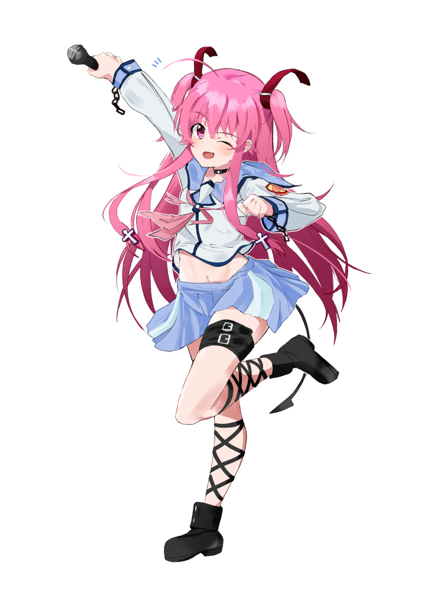 1girl :d absurdres ahoge angel_beats! arm_up black_choker blue_sailor_collar blue_skirt blush boots brown_footwear choker commentary_request excited eyes_visible_through_hair floating_hair full_body hair_between_eyes hair_ribbon hand_up highres holding holding_microphone long_hair long_sleeves looking_at_viewer microphone miniskirt neckerchief notice_lines one_eye_closed open_mouth pink_eyes pink_hair pink_neckerchief pleated_skirt red_ribbon ribbon sailor_collar shinda_sekai_sensen_uniform shirt sidelocks simple_background skirt smile solo standing standing_on_one_leg straight_hair thigh_strap two_side_up very_long_hair white_background white_shirt wind wind_lift yui_(angel_beats!) zenoo
