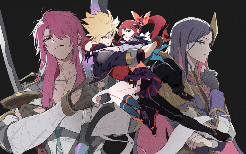 2boys 2girls absurdres bandaged_arm bandages battle_academia_(league_of_legends) battle_academia_caitlyn battle_academia_ezreal battle_academia_lux battle_academia_yone black_background black_footwear black_gloves black_hair black_jacket black_pants black_skirt blue_eyes blue_necktie caitlyn_(league_of_legends) closed_mouth ezreal fingerless_gloves full_body gloves hair_between_eyes hair_ornament hair_over_one_eye highres holding holding_sword holding_weapon jacket league_of_legends long_hair long_sleeves looking_at_viewer lux_(league_of_legends) multiple_boys multiple_girls necktie orange_hair pants parted_bangs pink_eyes pink_hair ponytail red_shirt redhead serious shirt short_hair short_sleeves simple_background skirt smile spiky_hair striped_necktie sword upper_body weapon white_jacket white_shirt yone_(league_of_legends) zaket07