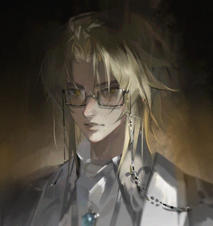 1boy abstract_background blonde_hair blue_gemstone brown_eyes chinese_commentary commentary_request dark gem glasses highres huixingweiqi jacket lips lord_of_the_mysteries medium_hair parted_lips shaded_face shirt solo teeth trunsoest_(lord_of_the_mysteries) white_jacket white_shirt