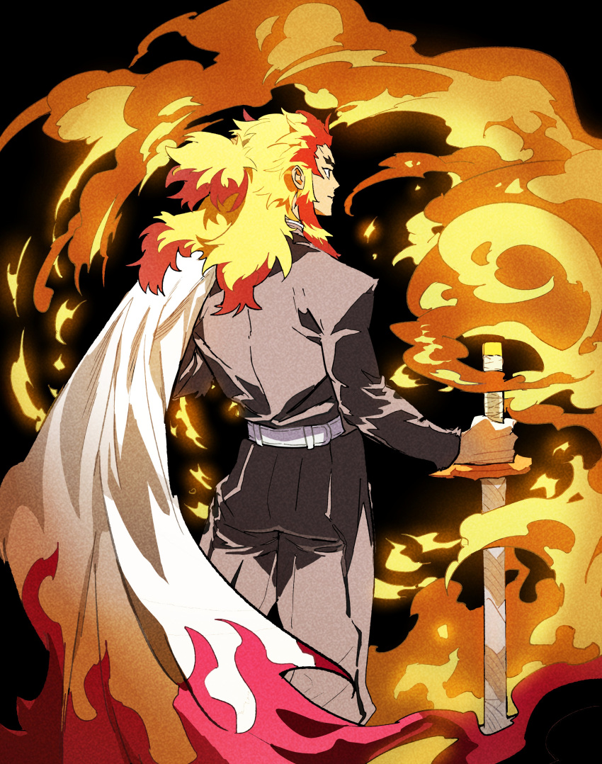 1boy absurdres belt black_background black_jacket black_pants blonde_hair cape closed_mouth demon_slayer_uniform fire forked_eyebrows from_behind highres holding holding_cape holding_clothes holding_sword holding_weapon jacket katana kimetsu_no_yaiba long_hair looking_ahead male_focus multicolored_hair pants redhead rengoku_kyoujurou simple_background smile solo standing streaked_hair sword two-tone_hair weapon white_belt white_cape zaket07