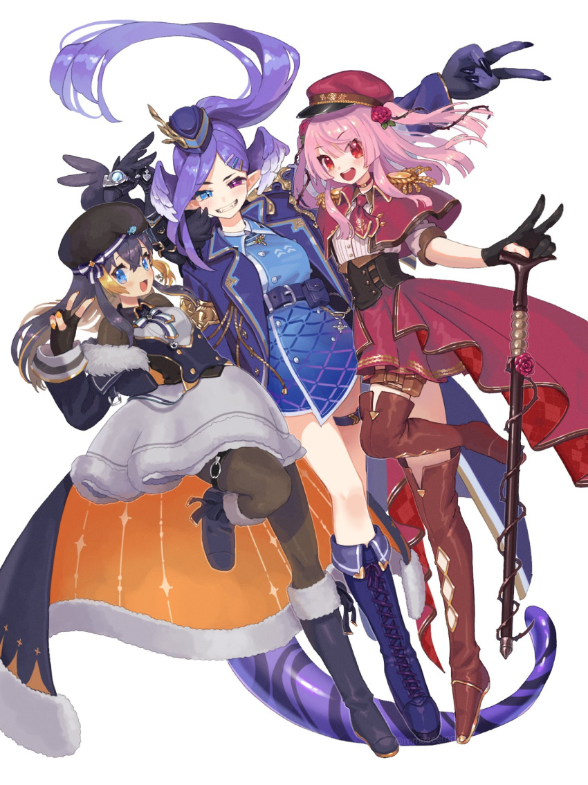3girls black_corset black_gloves black_thighhighs blue_dress blue_eyes boots brown_footwear brown_hair capelet commentary corset cross-laced_footwear dragon_tail dress gloves head_wings heterochromia highres komakuchi_mame long_hair multicolored_hair multiple_girls nijisanji nijisanji_en obsydia_(nijisanji) petra_gurin petra_gurin_(2nd_costume) pink_hair purple_footwear purple_hair red_capelet red_eyes red_headwear rosemi_lovelock rosemi_lovelock_(2nd_costume) selen_tatsuki selen_tatsuki_(2nd_costume) simple_background streaked_hair symbol-only_commentary tail thigh-highs thigh_boots two_side_up v virtual_youtuber white_background wings yellow_eyes