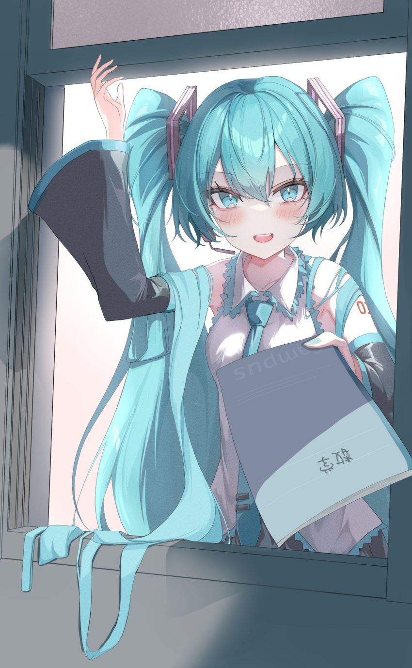 1girl :d aqua_eyes aqua_hair aqua_nails aqua_necktie bare_shoulders black_skirt black_sleeves blush breasts collarbone commentary detached_sleeves giving hair_ornament hatsune_miku headphones headset highres indoors kawasuru_(15miclon) long_hair looking_at_viewer necktie open_mouth open_window pleated_skirt reaching reaching_towards_viewer shirt skirt small_breasts smile solo teeth through_window translated tsurime twintails upper_body upper_teeth_only very_long_hair vocaloid white_shirt window