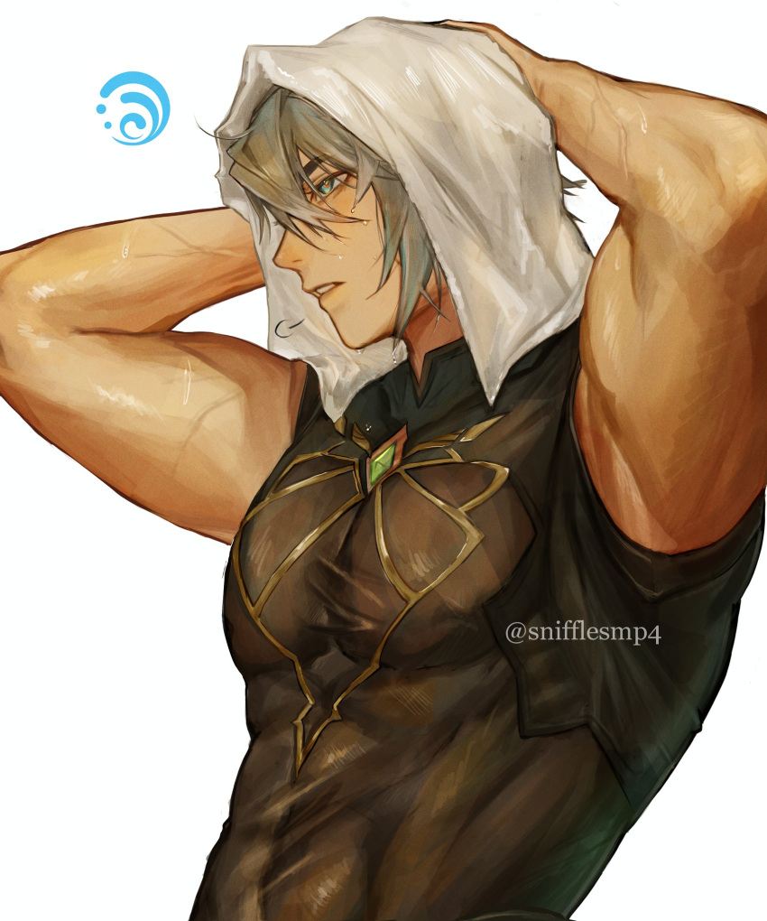 1boy =3 alhaitham_(genshin_impact) arms_up artist_name black_shirt chest_jewel commentary compression_shirt covered_abs english_commentary gem genshin_impact green_eyes green_gemstone grey_hair hair_between_eyes highres hydro_symbol_(genshin_impact) male_focus parted_lips pectorals profile shirt short_hair sidelocks simple_background sleeveless sleeveless_shirt snifflesmp4 solo towel towel_on_head twitter_username upper_body wet wet_clothes wet_hair white_background