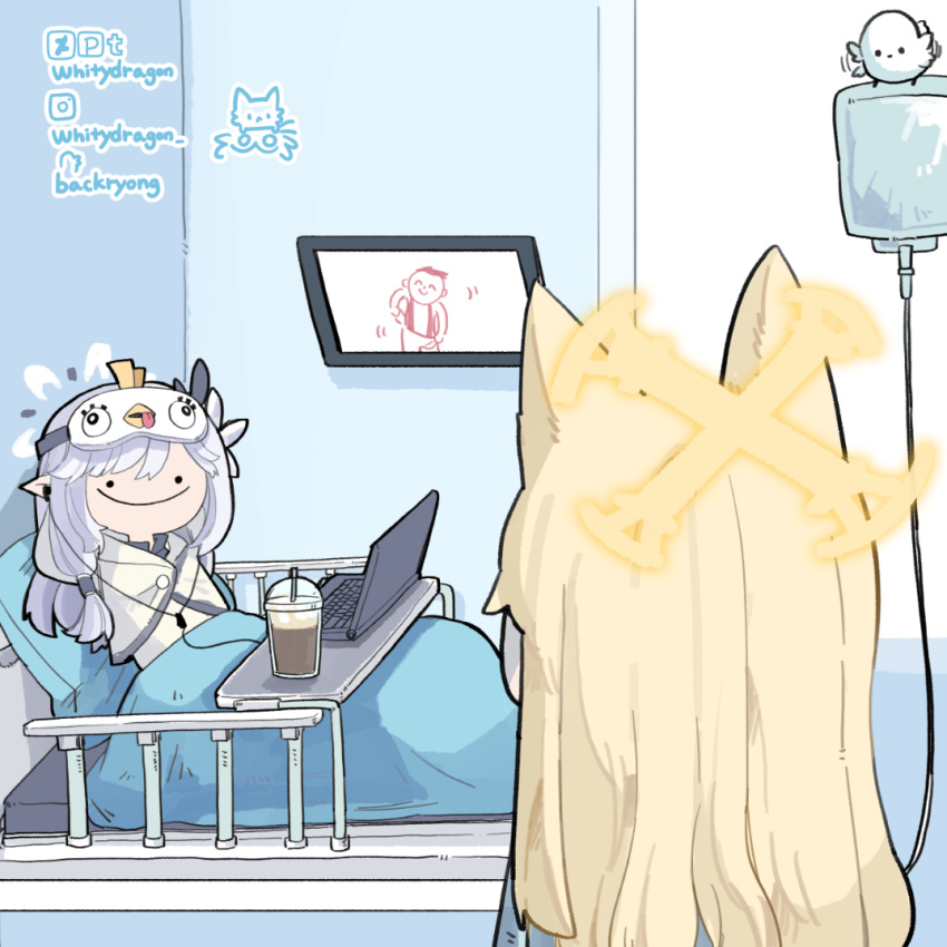 2girls animal_ears arona's_sensei_doodle_(blue_archive) bed bird blonde_hair blue_archive computer cup deviantart_logo deviantart_username english_commentary flying fox_ears from_behind grey_hair hair_tubes halo headphones himari_(blue_archive) holding hospital_bed indoors instagram_logo instagram_username intravenous_drip laptop looking_at_another looking_at_viewer motion_lines multiple_girls peroro_(blue_archive) pixiv_logo pixiv_username pointy_ears seia_(blue_archive) sensei_(blue_archive) sleep_mask smile television tumblr_logo tumblr_username twitter_logo twitter_username under_covers upper_body white_bird whitydragon yellow_halo