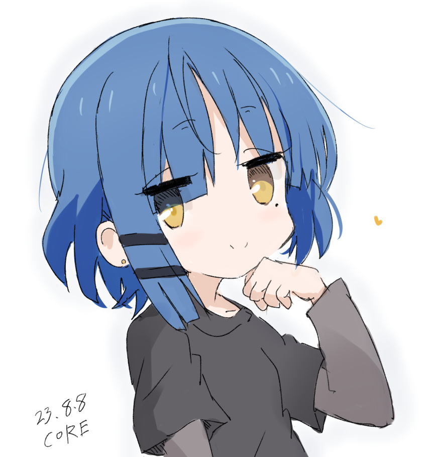1girl black_shirt blue_hair blush bocchi_the_rock! closed_mouth collarbone core_(mayomayo) dated earrings from_side grey_shirt hair_ornament hairclip hand_on_own_chin highres jewelry layered_shirt long_bangs long_sleeves looking_at_viewer mole mole_under_eye shirt short_hair sidelocks signature simple_background smile solo stud_earrings upper_body white_background yamada_ryo yellow_eyes