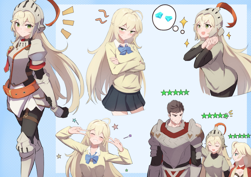 1boy 2girls ahoge arm_behind_back armor black_hair black_pantyhose black_skirt blonde_hair blue_bow blue_bowtie bow bowtie breastplate breasts character_request closed_eyes closed_mouth commentary_request cowboy_shot crossed_arms double_v full_armor gauntlets green_eyes grin guardian_tales hand_on_another's_shoulder height_difference helmet highres irrwisch long_hair long_sleeves looking_at_viewer medium_breasts multiple_girls notice_lines open_mouth own_hands_together pantyhose pauldrons pleated_skirt shirt short_hair shoulder_armor skirt smile solid_oval_eyes spoken_object star_(symbol) sweat v white_shirt yellow_shirt