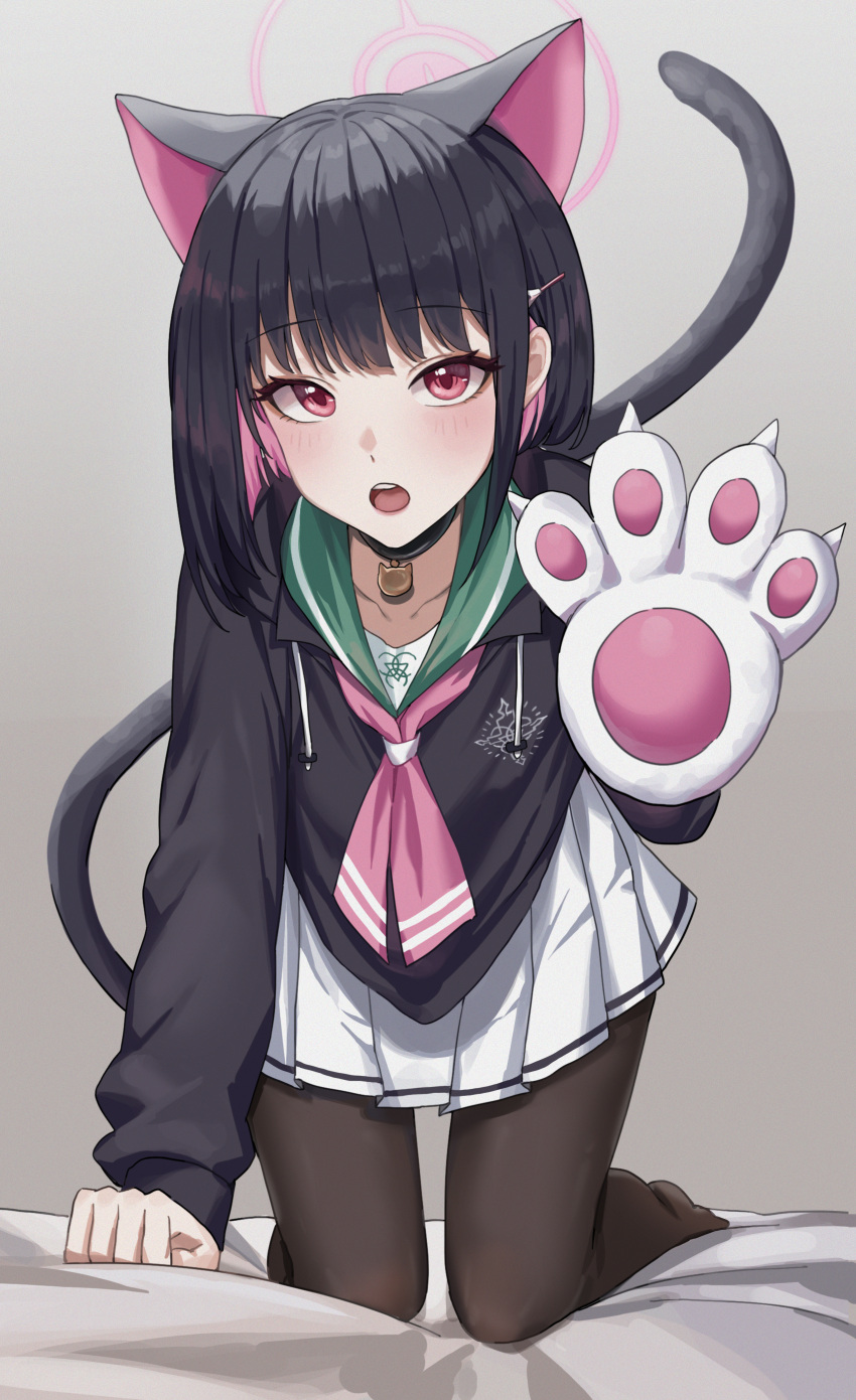 1girl absurdres animal_ears animal_hands black_choker black_hair black_hoodie black_pantyhose blue_archive blush cat_ears cat_girl cat_tail choker collarbone colored_inner_hair commentary extra_ears gloves green_sailor_collar grey_background hair_ornament hairclip halo hand_up highres hood hood_down hoodie kazusa_(blue_archive) kneeling leaning_forward long_sleeves looking_at_viewer medium_hair multicolored_hair neckerchief on_bed open_mouth pantyhose paw_gloves paw_pose pink_eyes pink_hair pink_halo pink_neckerchief pleated_skirt sailor_collar school_uniform serafuku simple_background skirt solo tail teeth upper_teeth_only white_gloves white_skirt xu_wen_(bbb2822828)