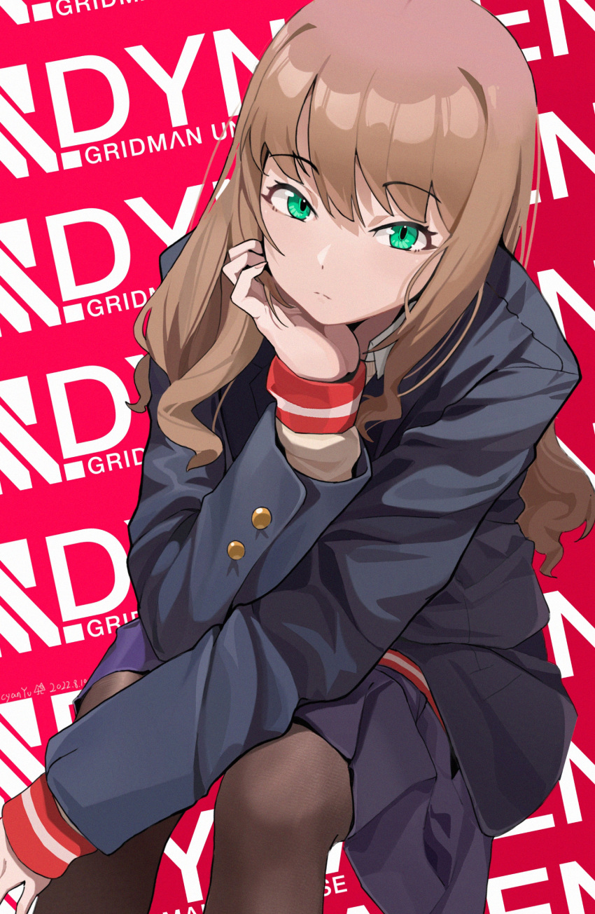 1girl black_pantyhose blue_jacket blue_skirt brown_hair closed_mouth collared_shirt commentary cyan_yu feet_out_of_frame green_eyes gridman_universe hand_up head_rest highres jacket long_hair long_sleeves looking_at_viewer looking_up minami_yume pantyhose shirt sitting skirt solo ssss.dynazenon text_background